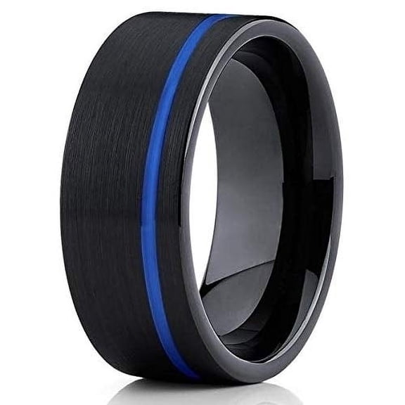 Silly Kings Jewelry 8mm Blue Tungsten Wedding Band - Black Tungsten Ring - 8mm - Black Ring (9.5)