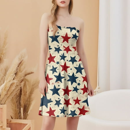 CHCNHAC Independence Day Tube Dresses for Women American Flag Graphic Dresses Patriotic Flattering Flowy Swing Strapless Prom Dress Dark Blue L