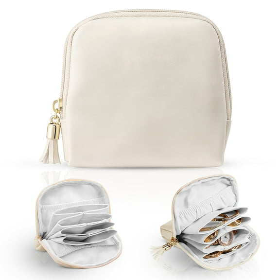 Small Travel Jewelry Case, Compact Zipper Pouch Organizer for Earrings, Necklaces, Bracelets & Rings, Gift for Women(Beige)