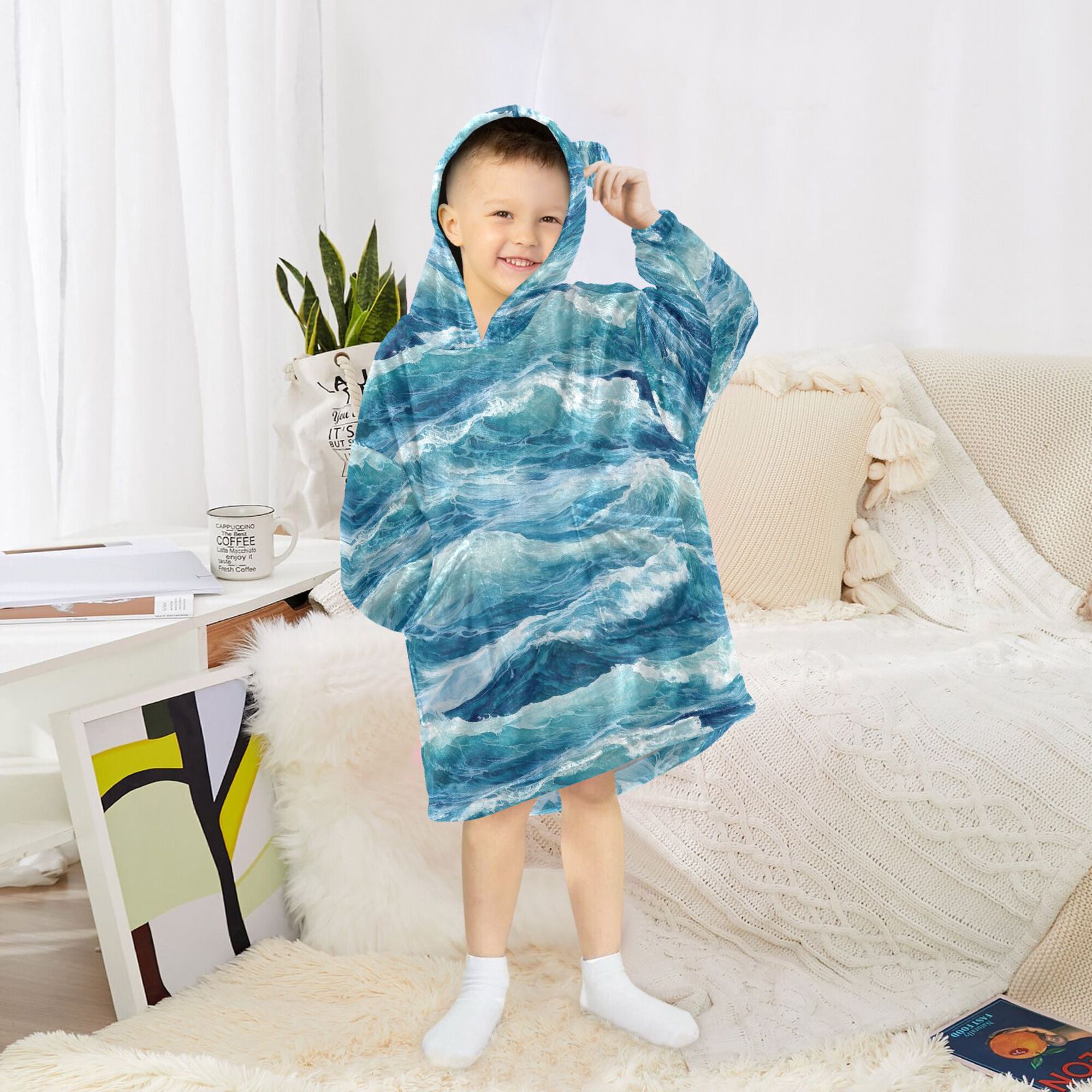FORMRS Wearable Blanket Hoodie with Sleeves for Kids Cozy Flannel Sweatshirt, Green Watercolor Ocean Waves