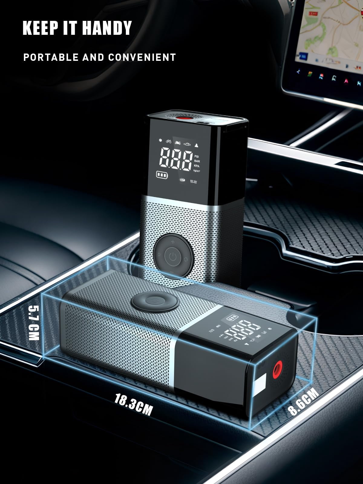 OneAmg Cordless portable tire inflator, 4x speed 150 PSI portable air compressor, featuring a 7800mAh battery, LED display, automatic shut-off, pressure gauge, and LED light, suitable for cars, bicyc