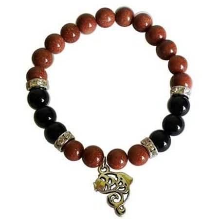 - RBI Jewelry Spiritual Supplies 8mm Gold Sandstone Synthetic Black Onyx with Fish Bracelet