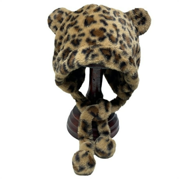 Leopard Plush Hat Unisex Thickened Winter Caps with Bear Ears Women Windproof Hat