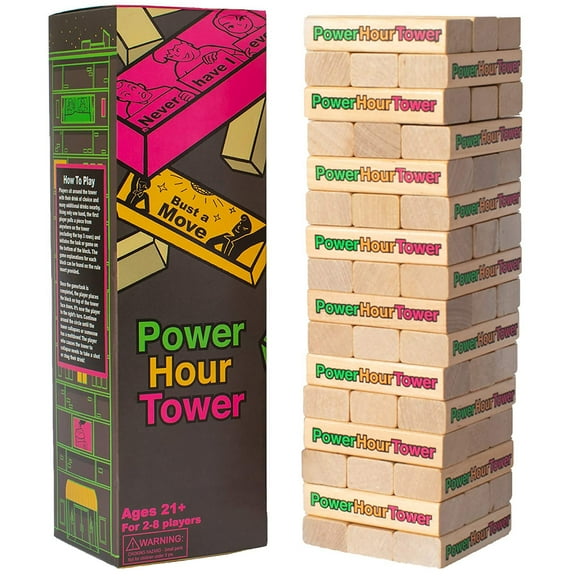 Power Hour Tower Adult Party Game -  48 Hilarious Wooden Blocks - Either a Game, Prodding Question, Challenge or Task, for Game Night, Party, Pregame, or Bachelorette & Bachelor Activity