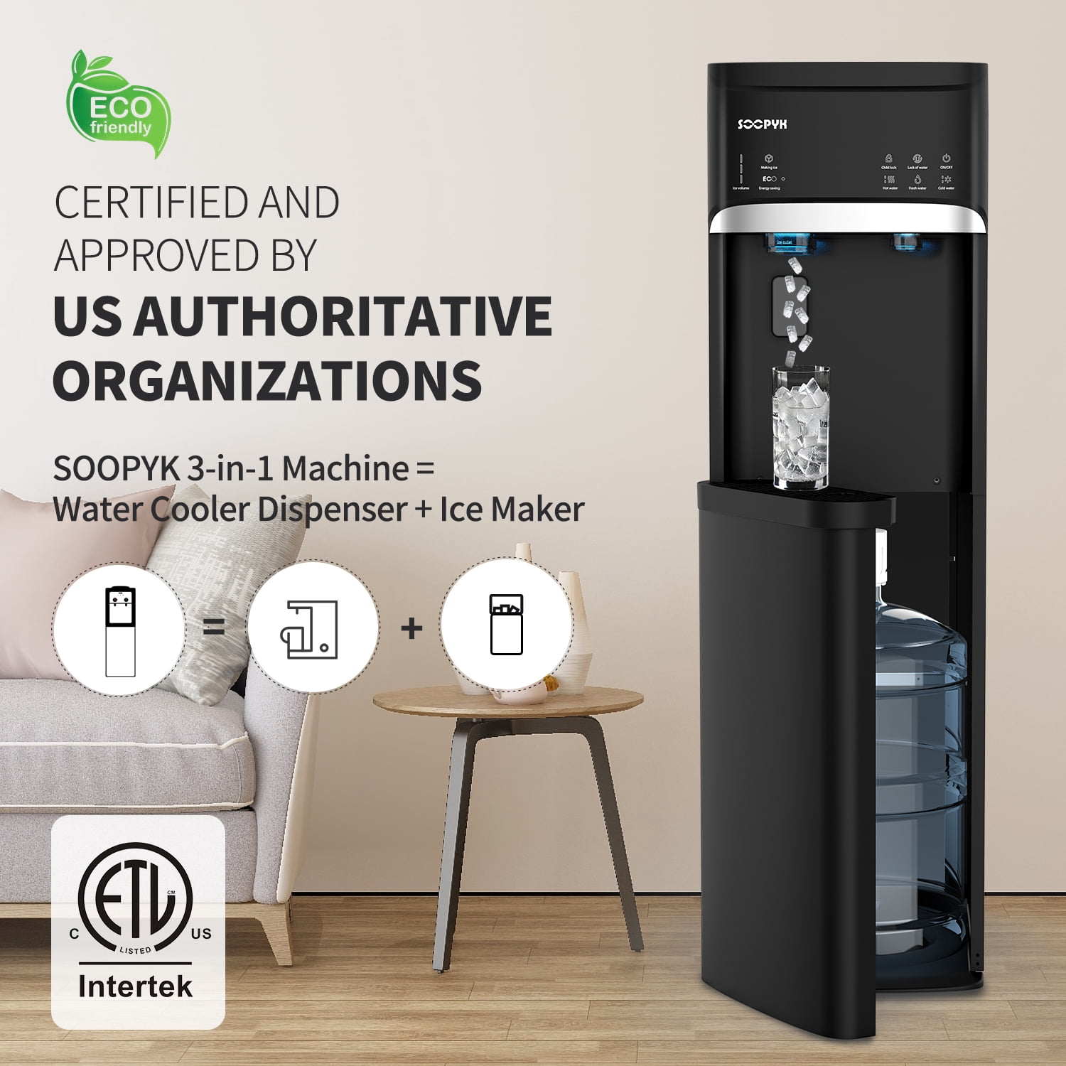 SOOPYK Bottom Loading Water Dispenser with Nugget Ice Maker, 44lbs/Day,5 Gallon,Self-Clean,3-Temp(Cold/Hot/Room),Child Lock,for Home & Office,Black