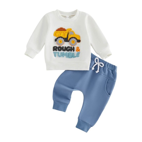 Duqingm Toddler Baby Boy Fall Clothes Letter Truck Pullover Sweatshirt Tops Joggers Pants Set Winter Outfits