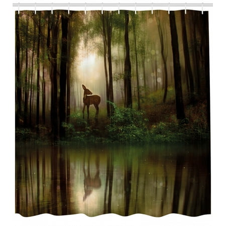 Nature Shower Curtain Baby Deer In The Forest With Reflection On