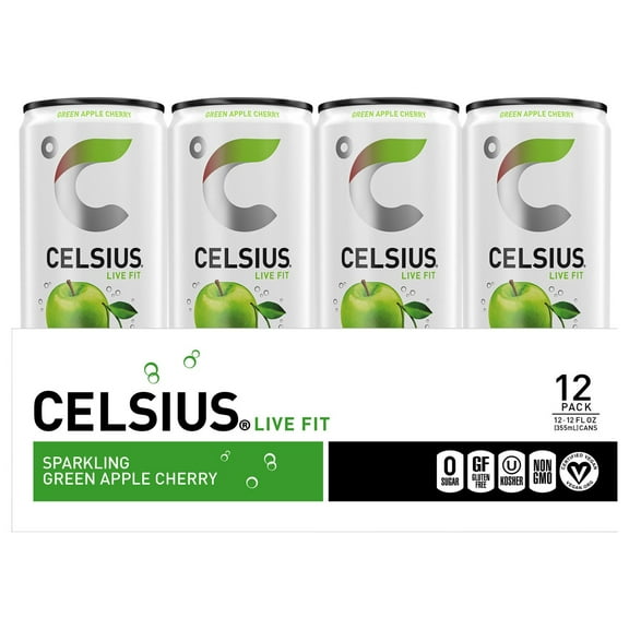 Celsius Sparkling Zero Sugar Energy Drinks 12 pk Cans - Green Apple Cherry - 12 oz
