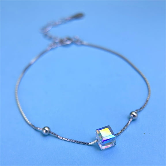 EJG 925 Sterling Silver Cube Single Zircon Bracelet for Women, Sparkling Adjustable Hypoallergenic Lightweight Everyday Christmas Birthday Gifts for Her with Gift Box