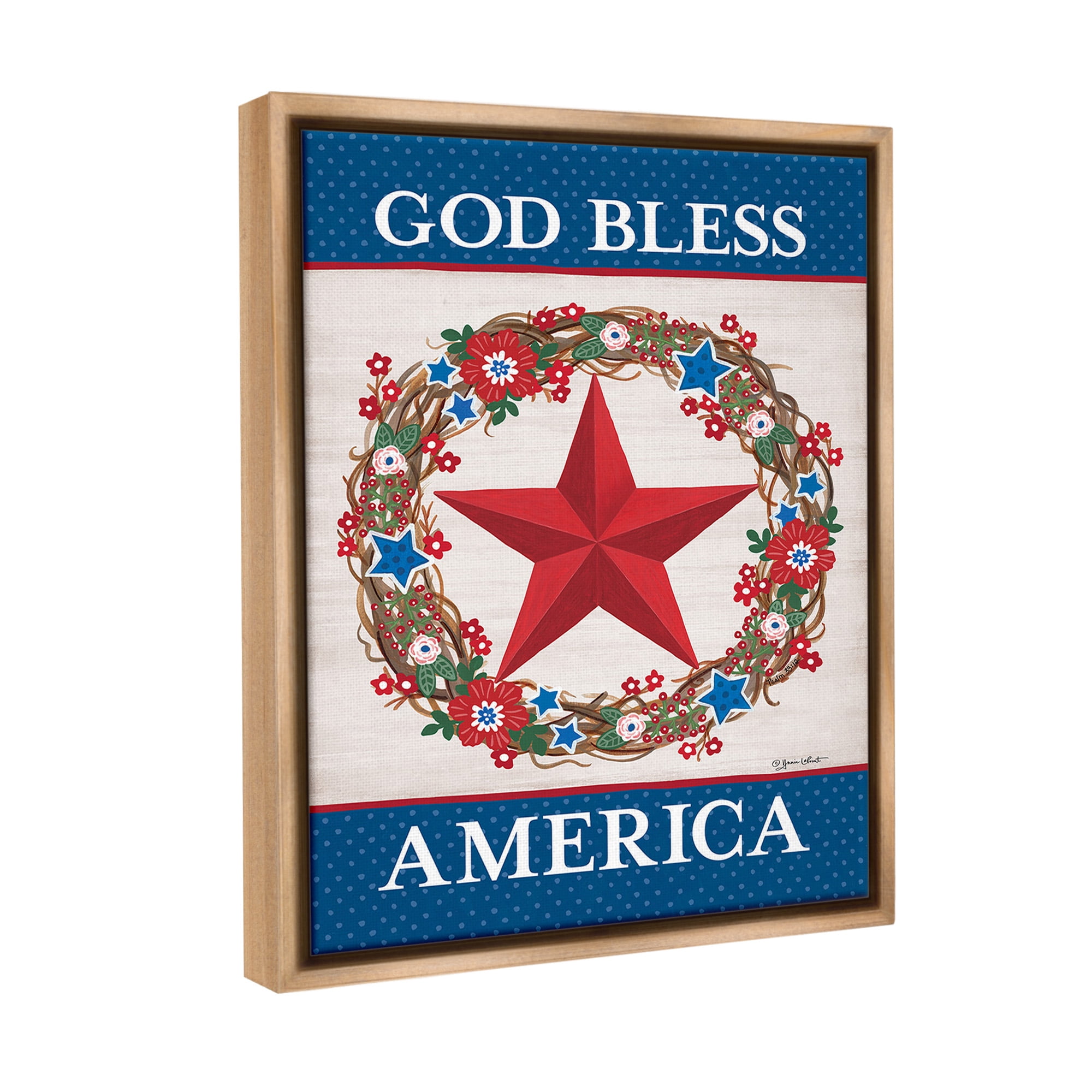 Stupell Industries God Bless America Wreath Botanical & Floral Painting Brown Floater Framed Canvas Art Print Wall Art, 17 x 21