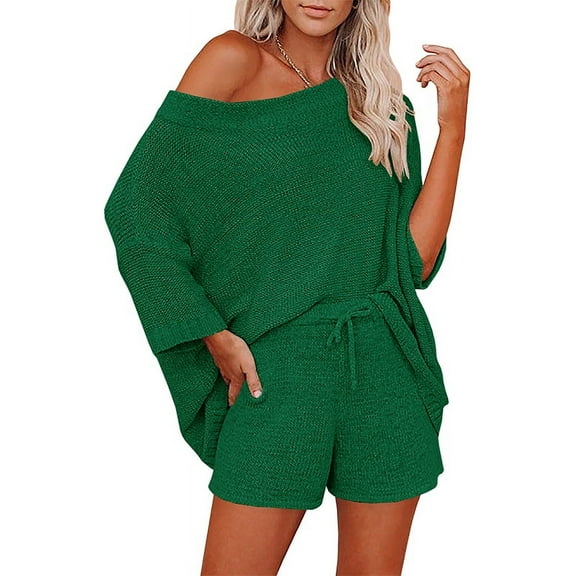 Casual Pajama Set Womens 2 Piece Outfits Off Shoulder Knit Tops and Shorts Suits
