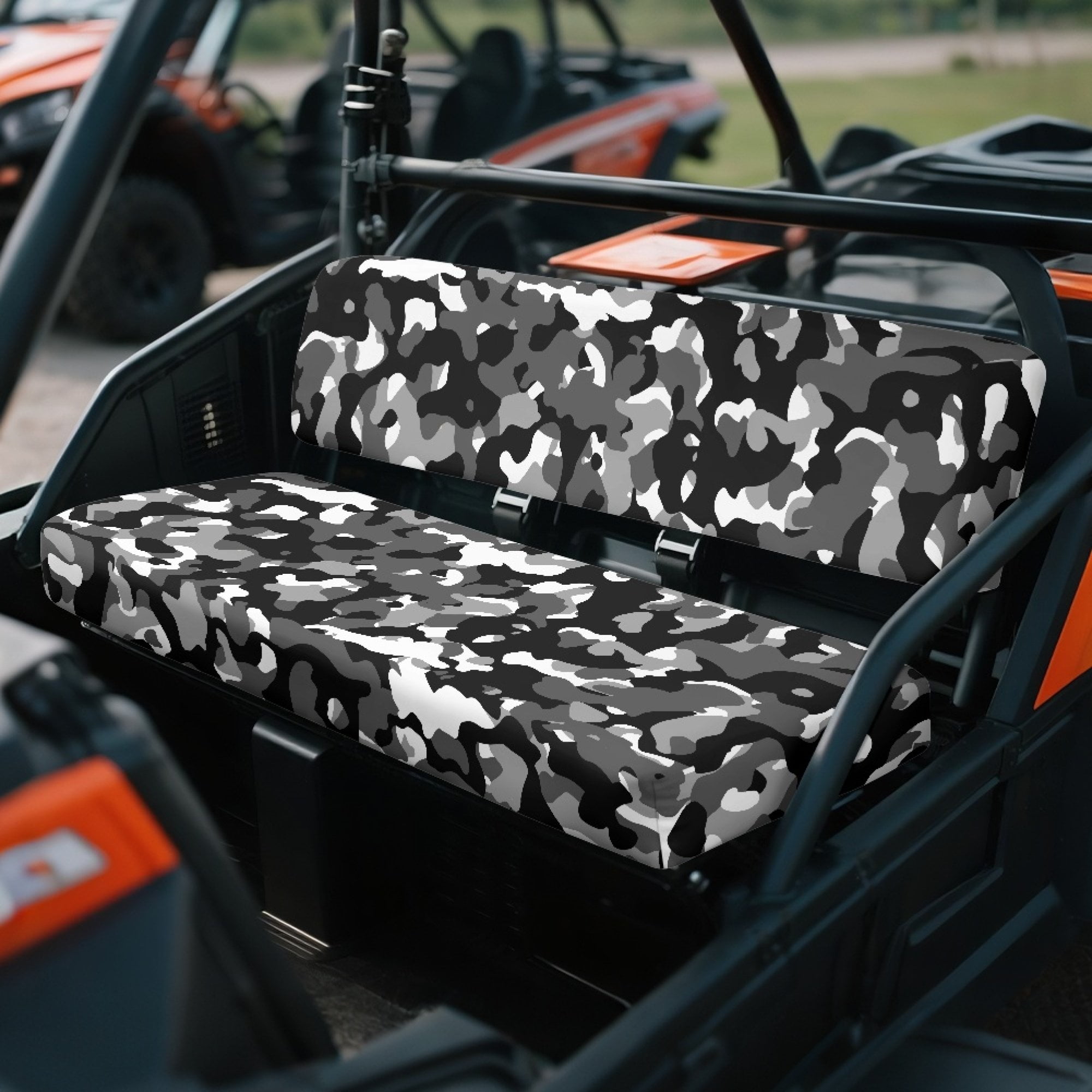ZIATUBLES 2-Pack Waterproof UTV Seat Covers, Black Gary Camo Replacement Bench Seat Protectors Compatible with Kawasaki Mule 3000 3010, Wear-Resistant Polyester UTV Seat Decor Covers