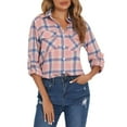 Womens Plaid Flannel Shirts Casual Roll Up Long Sleeve Boyfriend Button ...