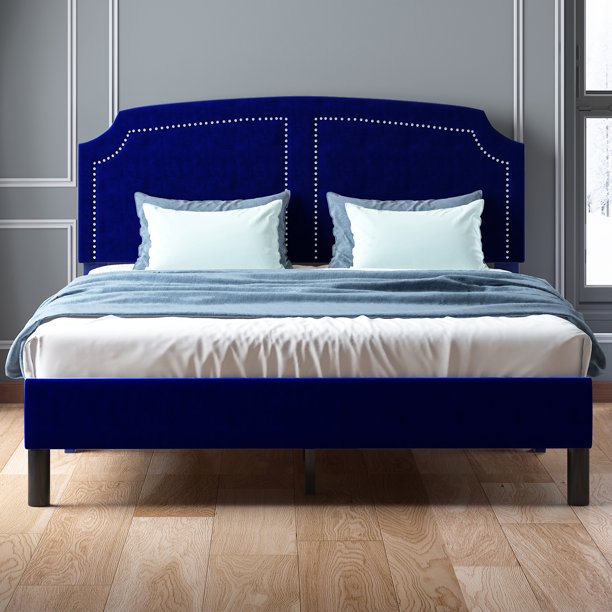 MUZZ Full Bed Frame with High Headboard, Upholstered Platform Bed with Rivet Design, Wood Slat