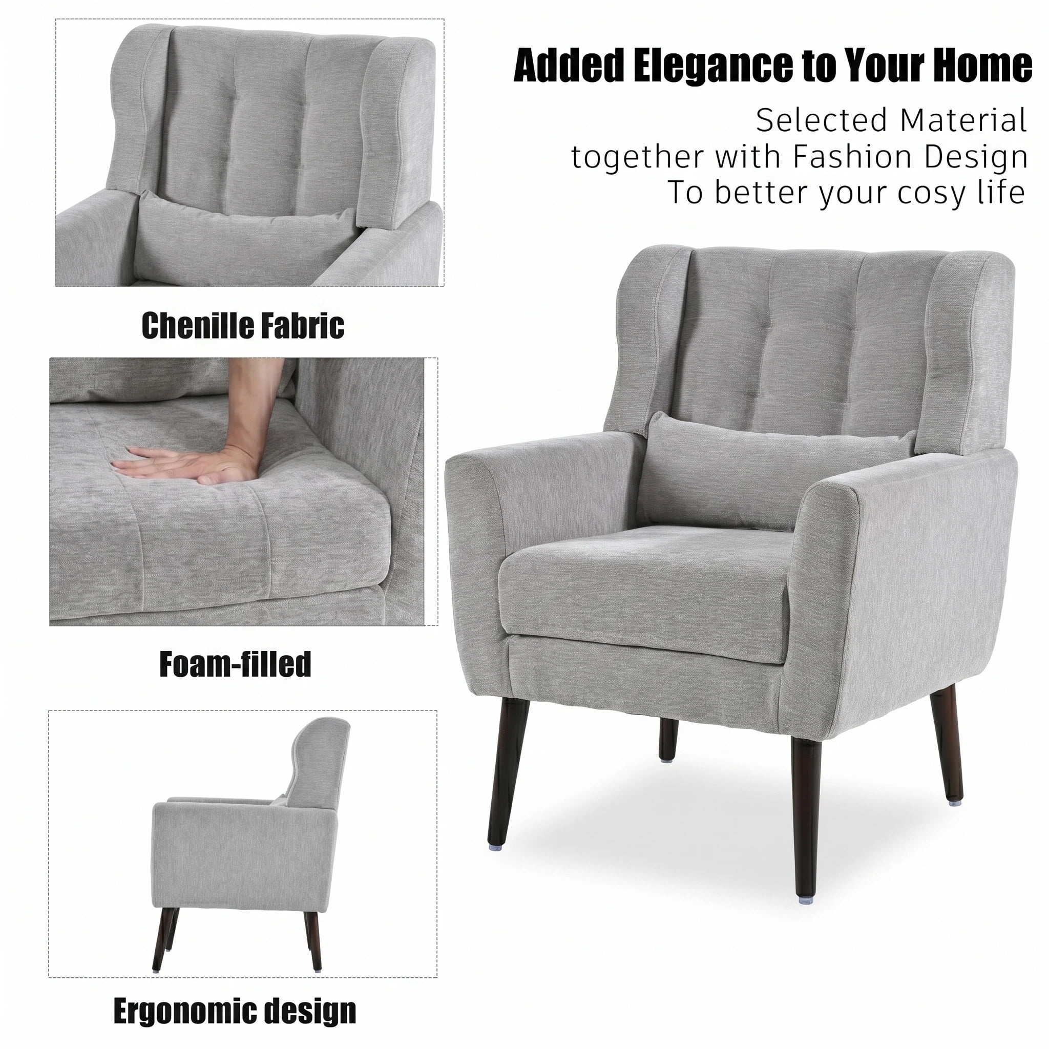 AISWORD Modern Accent Chair, Upholstered Armchair with Pillow, Fabric Single Sofa Chair with Lounge Seat and Wood Legs Accent Chair for Living Room Bedroom Small Spaces, Grey