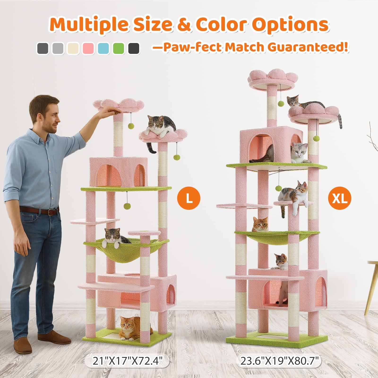 Pefilos 81" Tall Cat Tree for Large Cats, Heavy Duty Cat Tower with 2 Perches, 2 Condos and Spacious Hammock, Large Condo with 7 Scratching Posts, Pink