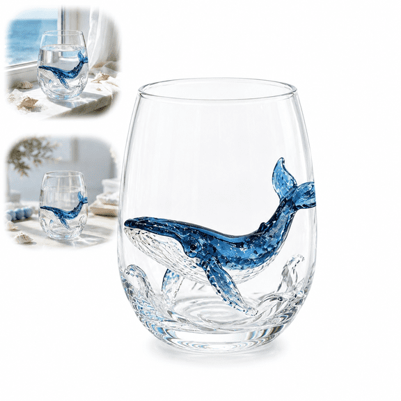 Marine Animal Glass Tea Cup, Ocean Themed Stemless Tumbler, Style A Clear Blue, for Coastal Bar Home Kitchen Decor
