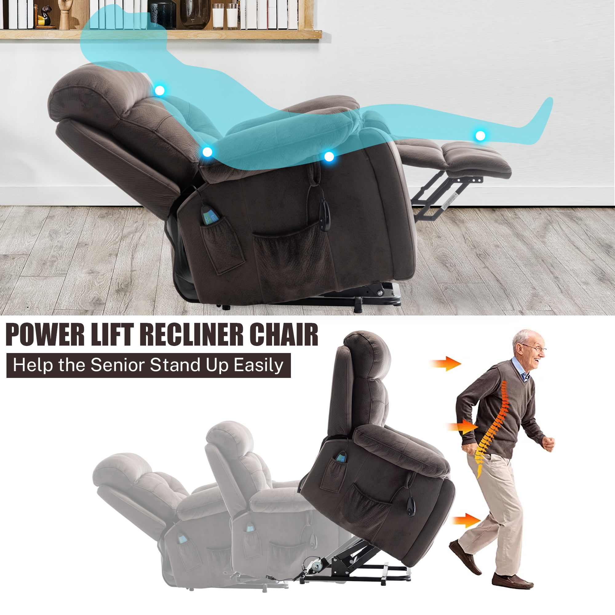 PAPROOS Oversized Electric Massage Lift Chair, Large Power Lift Recliner with Heat Therapy, Fabric Reclining Sofa with Remote, Hidden Cup Holder and Side Pocket for Elderly Seniors, Antique Brown