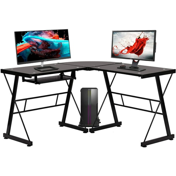 Table Gaming Rectangulaire - Bureau en forme de L, revêtement en fibre de  carbone, bureau d'angle d'ordinateur avec grand support de moniteur pour  bureau à domicile, poste de travail d'écriture robuste, bureau