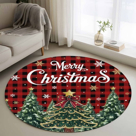 Red Plaid Christmas Round Area Rug 4Ft Washable Circle Rugs for Bedroom Dining Room, Xmas Tree Snowflake Checkered Winter Non-Slip Carpet Floor Mats Indoor Outdoor Carpet Runner Aesthetic Home Decor