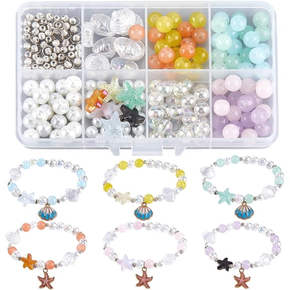 1 Box 244pcs DIY 6 Sets Summer Bracelet Making Kit Clear Star Beads Lampwork Glass Purple Blue Starfish Beads Electroplate Spiral Spacer Beads for Jewelry Making Beginners Women Crafts Multi-color