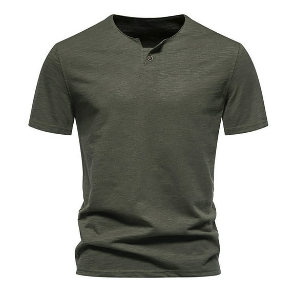 Lovskoo Shirts for Men Round Neck Short Sleeve Button T Shirt Solid Color Loose Breathable Casual T Shirt Top Shirt Vacation Beach Summer Tops Olive Green