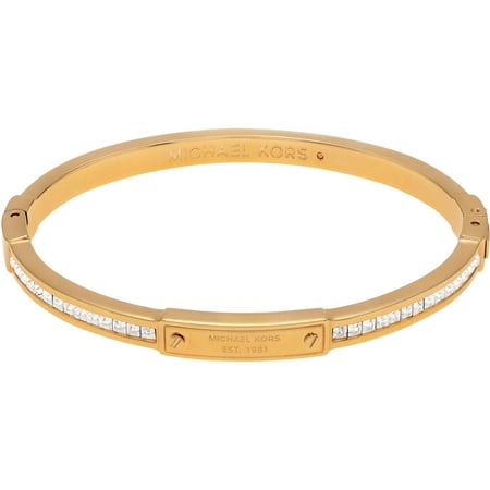 Michael Kors Women's Crystal Gold-Tone Stainless Steel Logo Hinged Bangle Fashion Bracelet, 4.8