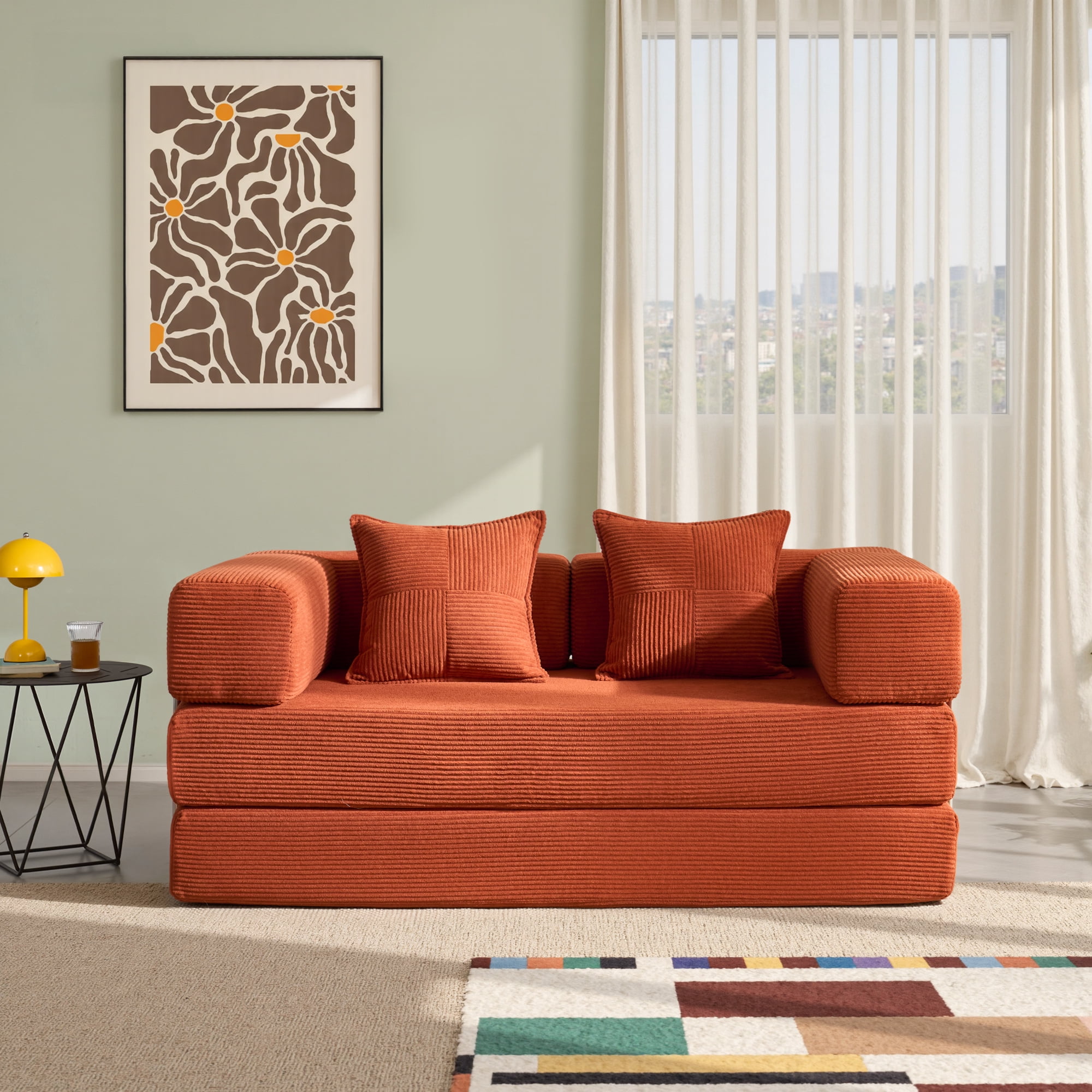 YINIX 62.9" Convertible Sleeper Sofa Bed with 2 Pillows, Removable Floor Sofa Couch for Living Room Small Spaces, Orange
