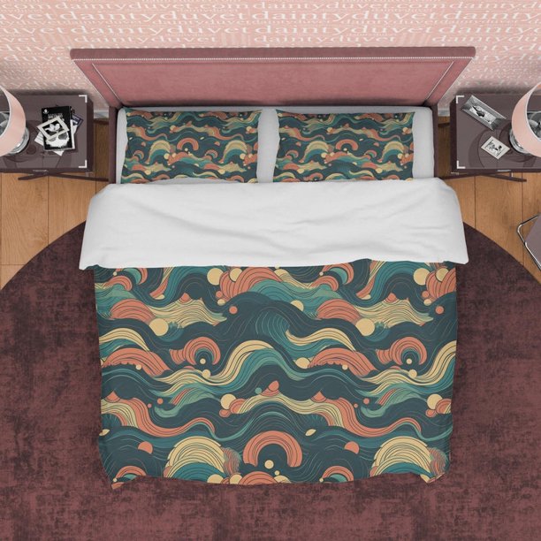 Juego de cama retro con diseño ondulado verde, funda nórdica de diseño abstracto, edredón boho