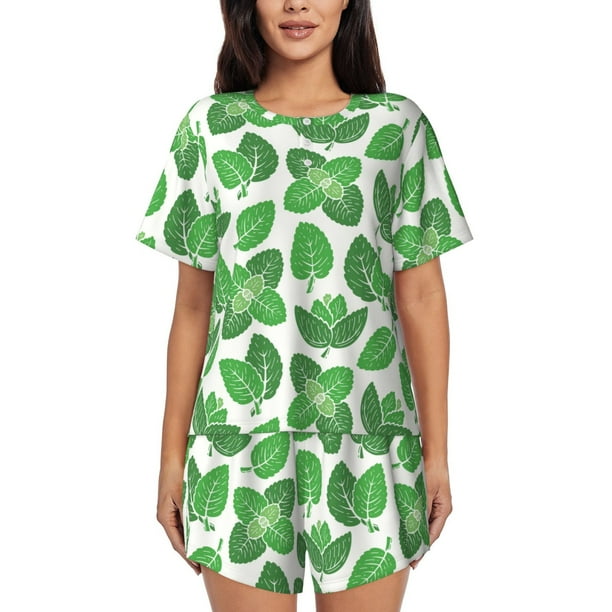 Fotbe Green Leaves Conjunto de Pijama Estampado para Mujer, 2 Piezas, Ropa de Dormir con Camiseta de Manga Corta y Shorts Suaves-4X-Large