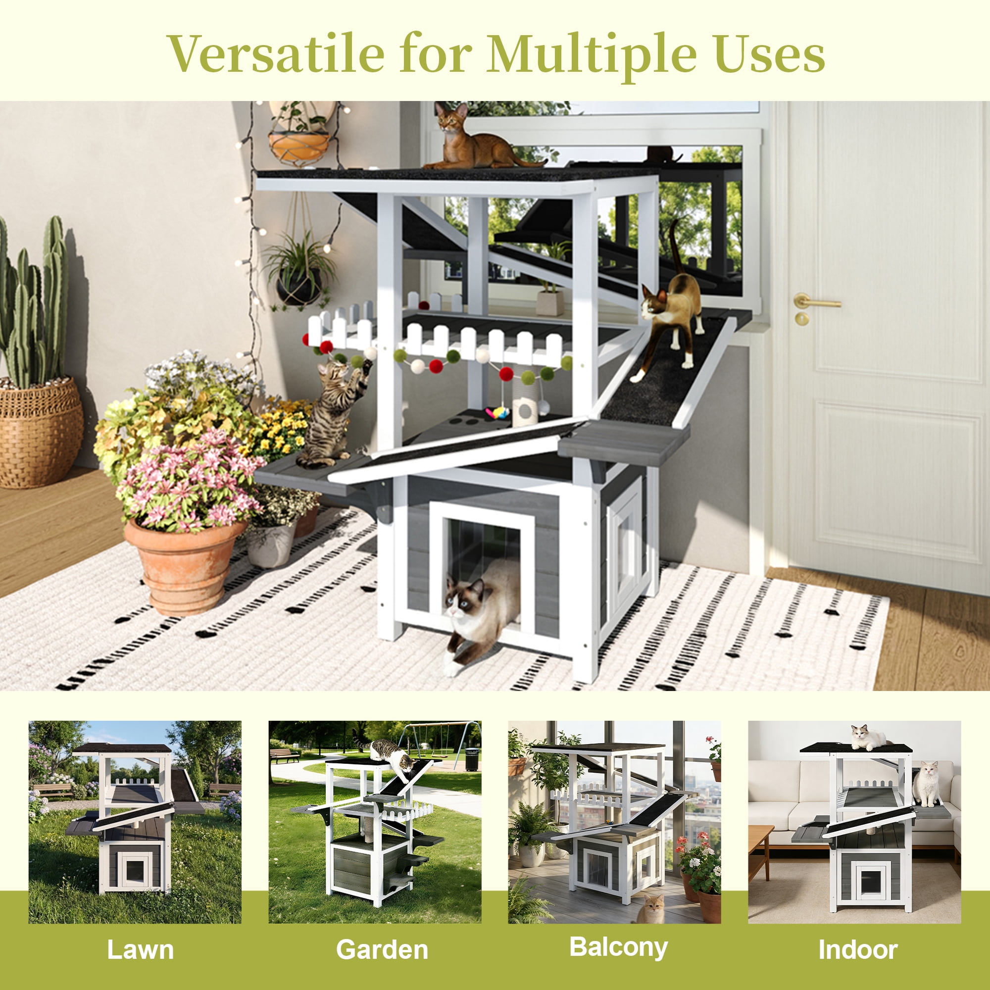 DRNANLIT 4 Tiers Outdoor Cat House, Weatherproof Cat Tree Tower with Waterproof Roof & 2 Doors, Feral Cat Shelter Outside Enclosure, Multi-Level Play Zones with Balcony, for Small Animals, Grey + Whi