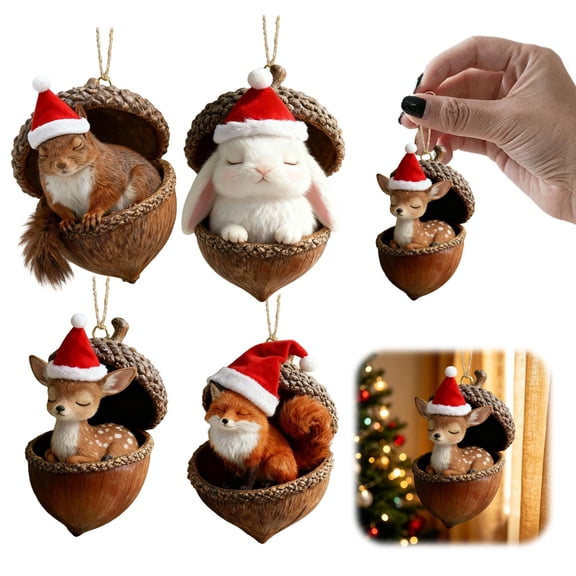 Clearance Forest Animal Acorn Ornaments, Cozy Forest Christmas Decor, 2D Acrylic Hanging Ornament for Home Tree Party Decorations (4pcs)