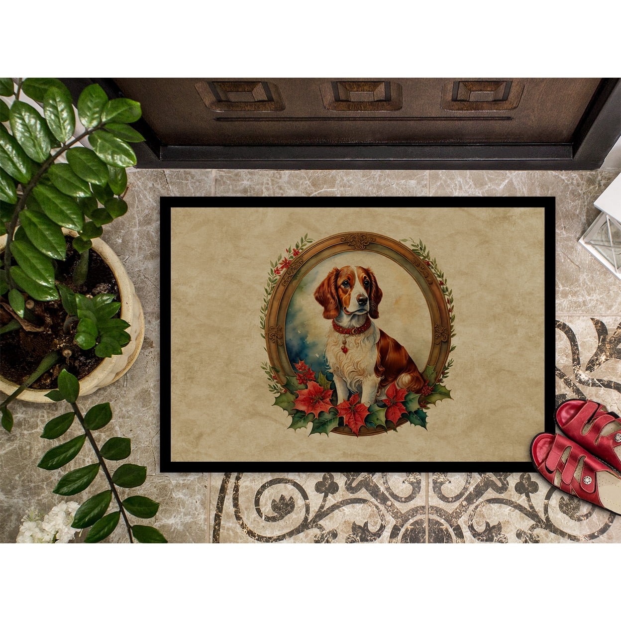 Brittany Spaniel Christmas Flowers Doormat 27 in x 18 in