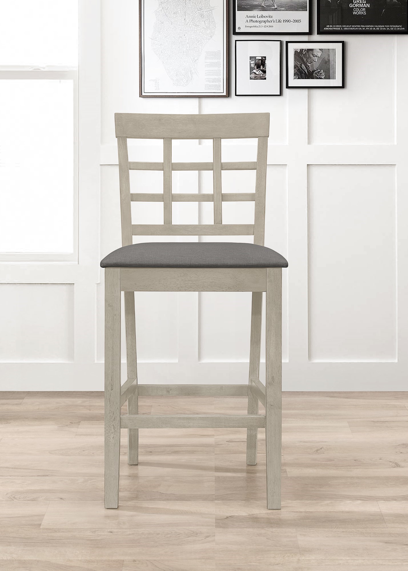 Home Design Azalea 5-Piece Counter Set, Antique Gray/Gray, Square Table with Slat-Back Cushioned Chairs, Modern Minimalist Style
