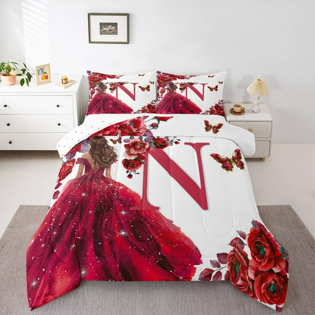 Erosebridal Ensembles de Couettes Romantiques Monogrammées N Format Grand, Couettes et Duvets de Princesse de Rêve, Ensemble de Literie Réversible Rose Rouge Couette Grand, Décor de Chambre Respirant, 3 Pcs