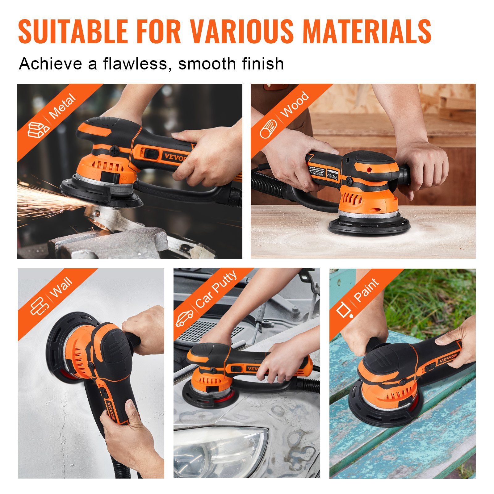 6 Inch Dual Action Random Orbital Sander 850W 7400RPM Variable Speed Electric Palm Sander with 10 Sandpapers Dust Connector for Woodworking Detailing