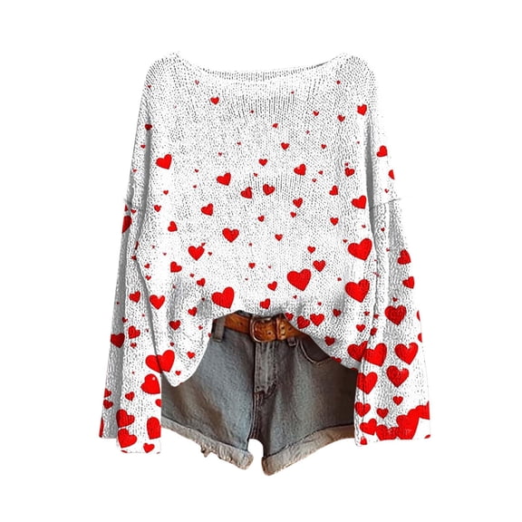 Cute Sweater Women Valentine's Day Full Heart Long Sleeve Knitted Winter Sweaters White