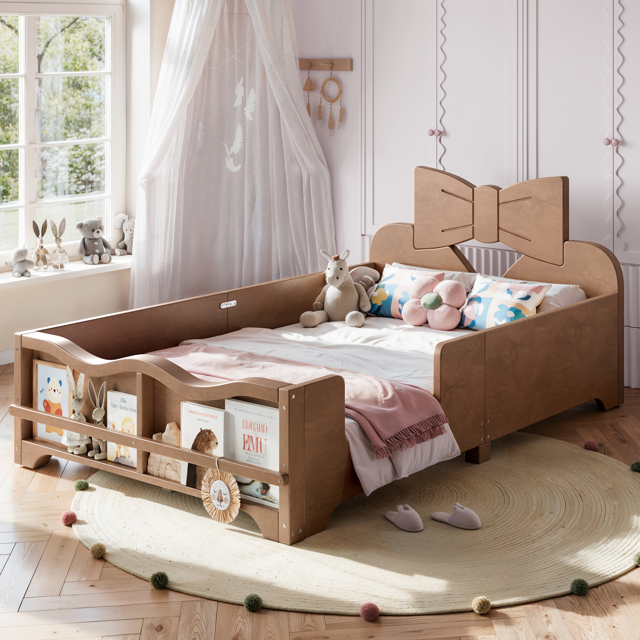 GDF Studio Twin Size Kids Platform Bed with Bowknot Headboard, Guardrails & Bookshelf, Brown
