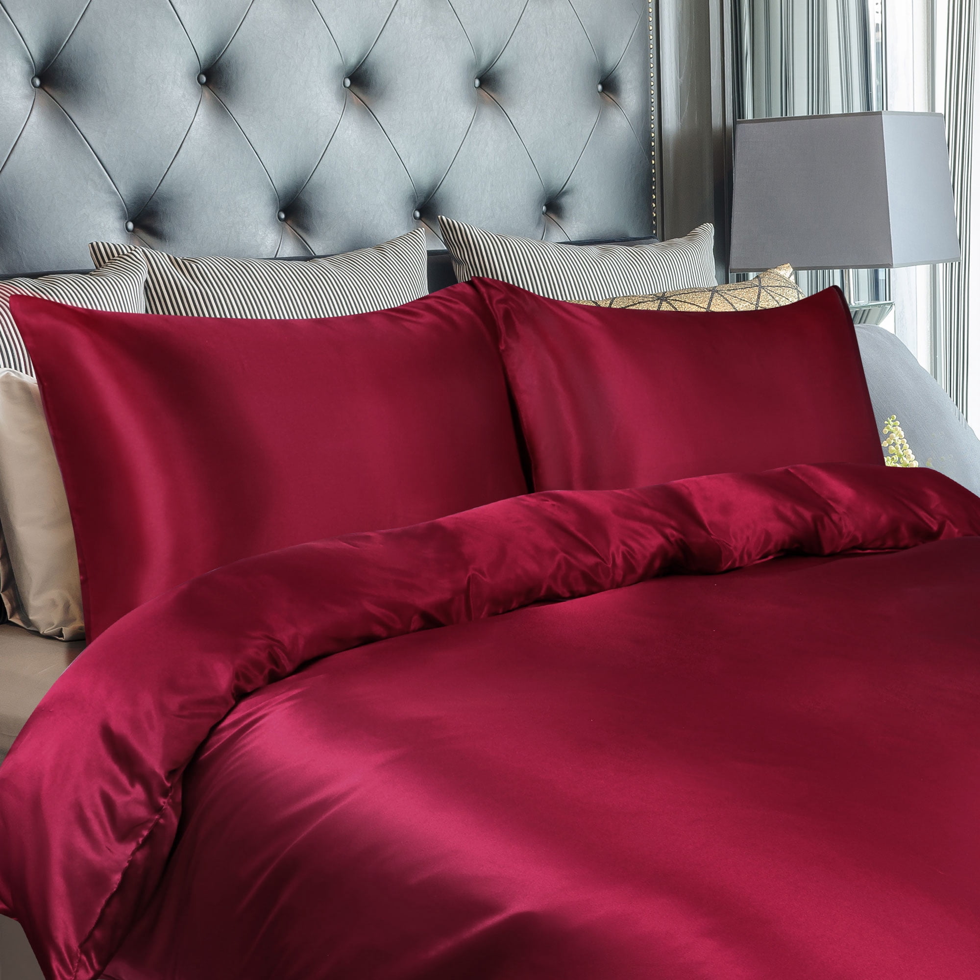 PiccoCasa 3Pcs Twin Size Duvet Cover Set Silk Satin Bedding Set with 2 Pillowcases, Burgundy