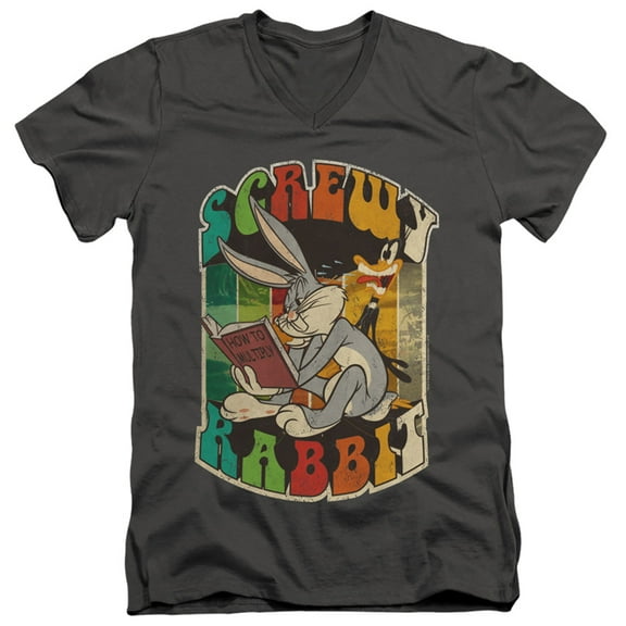 Looney Tunes Screwy Rabbit S/S Adult V-Neck 30/1 T-Shirt Charcoal