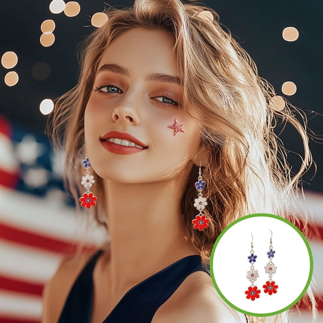 Pendientes patrióticos de EE. UU. | Día de la Independencia Flor Multicolor Colgante | Rojo, Blanco, Azul Goteo de aceite | Aleación de plástico | Accesorio de moda ligero | Par de 7.7x1.8cm