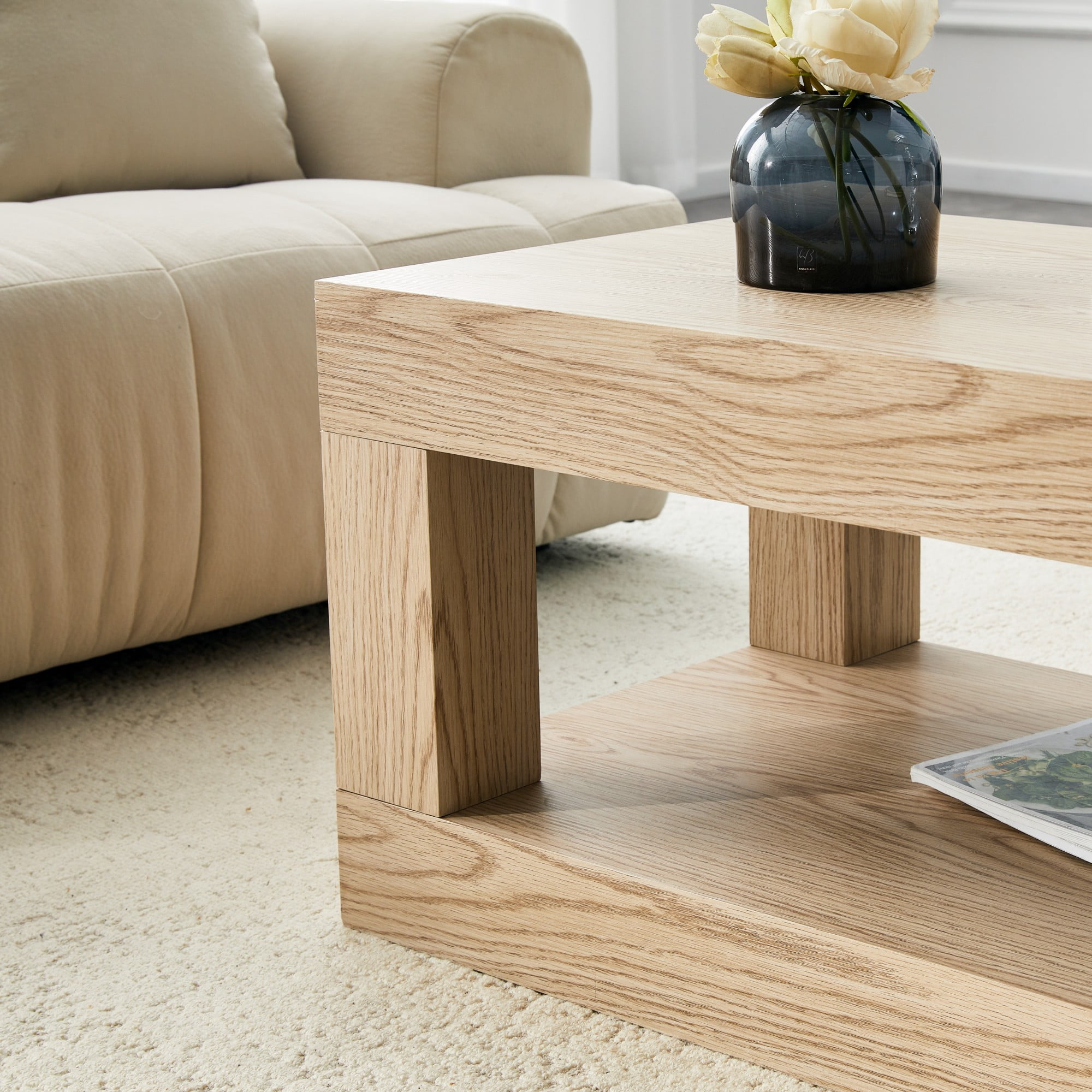 Alvantor Modern 2-Tier Coffee Table with Open Shelf, 40x21x18, Light Wood