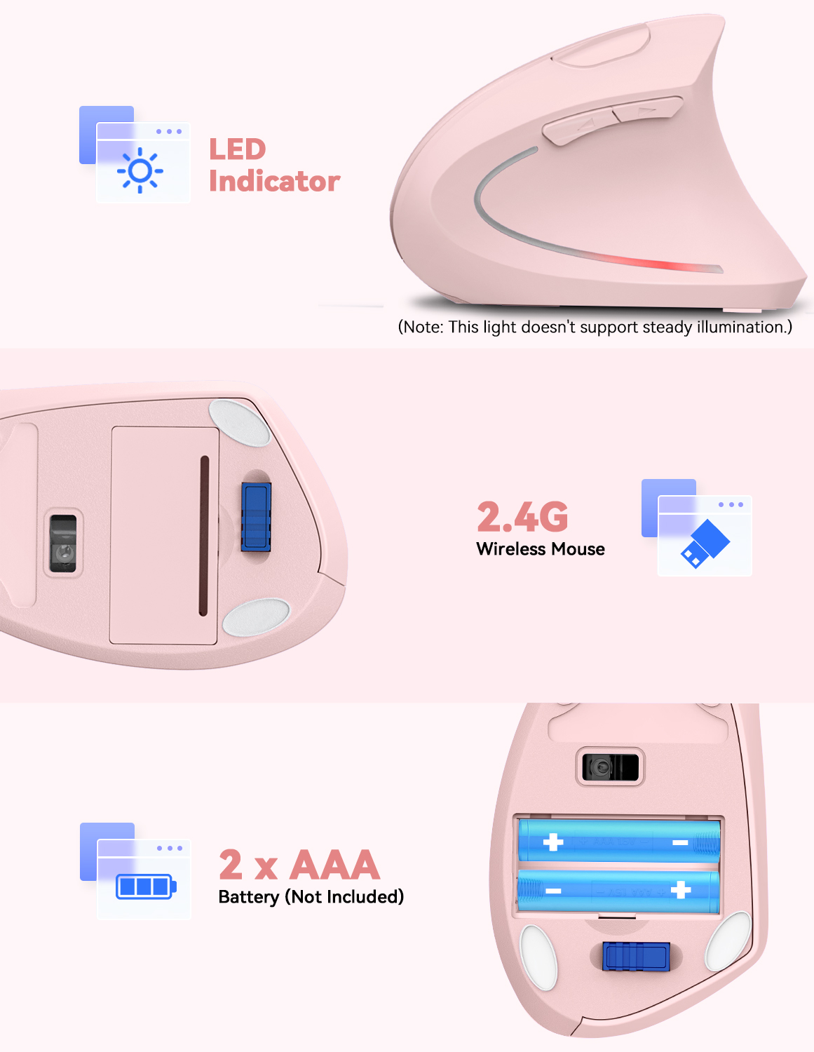 TECKNET Ergonomic Wireless Vertical Mouse - 4800 DPI, 5 Adjustable Levels, 2.4GHz Optical, 6 Buttons for Carpal Tunnel - Laptop, Desktop, PC, MacBook Compatible - Pink