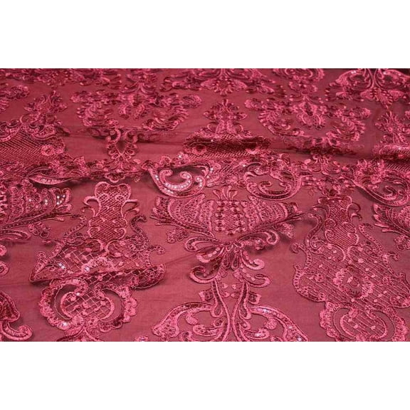 AINSLEY Embroidered Sheer Sequin Fabric, 54 Inch. in Width, Sample 3x3 Inch / Burgundy