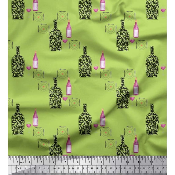 Soimoi Green Georgette Viscose Fabric Bottle & Crockery Kitchen Print Sewing Fabric BTY 42 Inch Wide