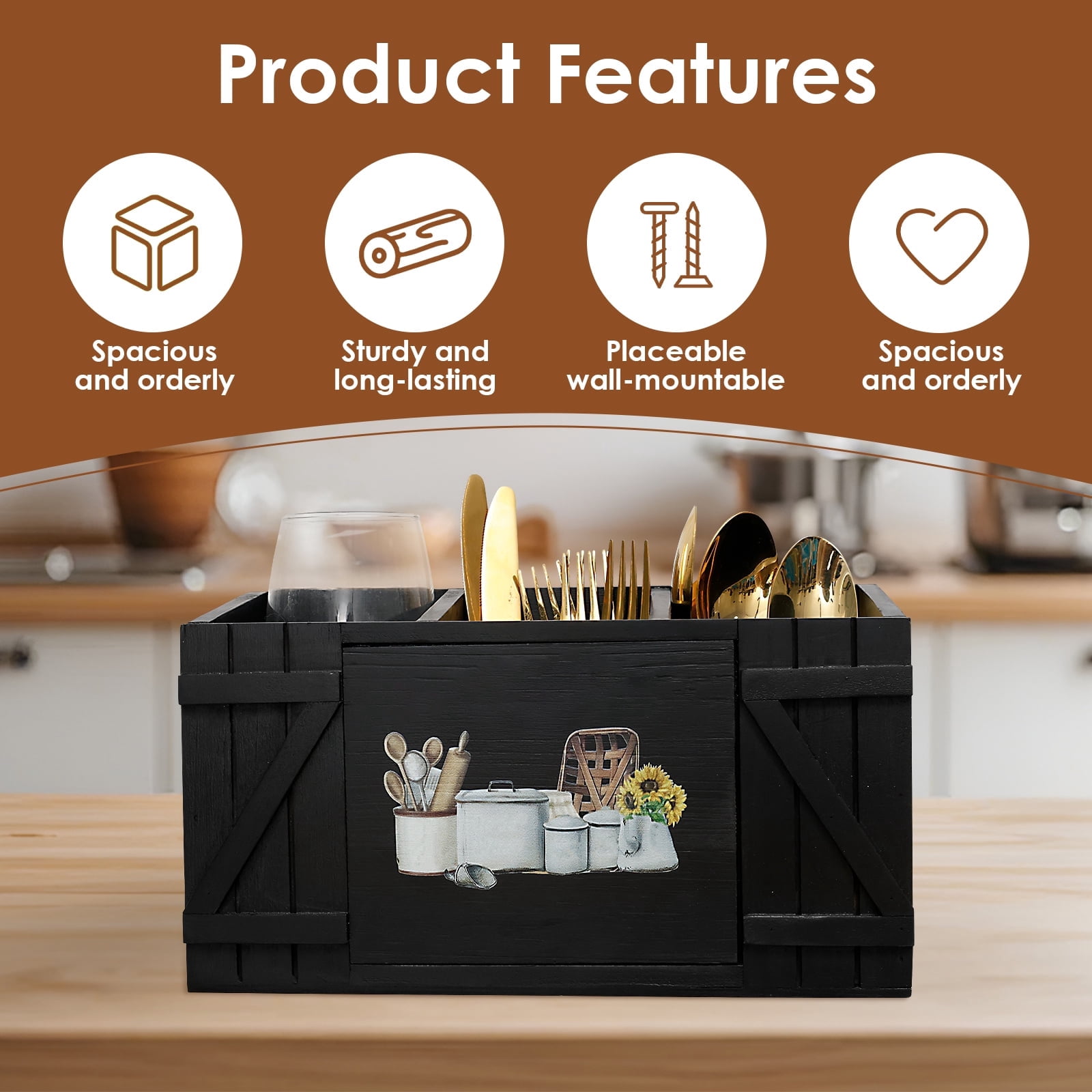 Tzdxfgl Wood Kitchen Utensil Holder for Countertop, Silverware Organizer with 3 Compartments, Large, Black Sunflower