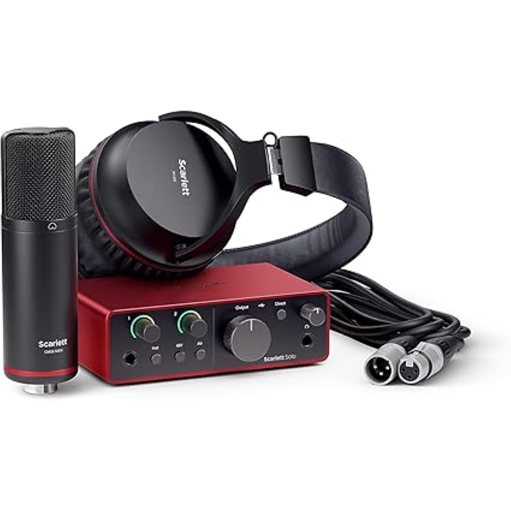 Focusrite AMS-SCARLETT-SOLO-ST Scarlett Solo Studio 4th Gen Audio Interface Bundle with Mic, Headphones + XLR Male to XLR Female Cable + Universal Pop Filter Wind Screen + Microphone Stand with Boom