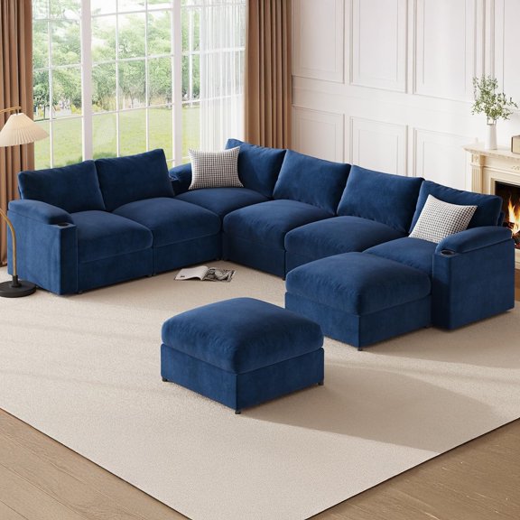 Modular Sectional Sofa Couch for Living Room Velvet Couches Oversized U Shaped Convertible Sleeper Sofa Chaise Detachable Armrest Cushion Cup Holder (Black, 8 Seats)