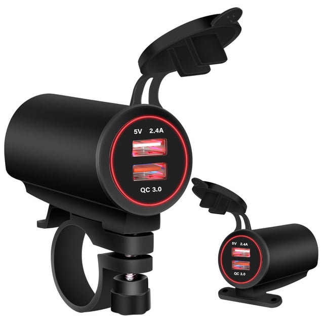 Motorcycle USB Charger 12-24V Dual Port USB Charger with USB and QC 3.0 Port Fast Charging USB Socket Power Outlet Waterproof Fast Charger Kit for Phone Tablet GPS Camera Blue Light