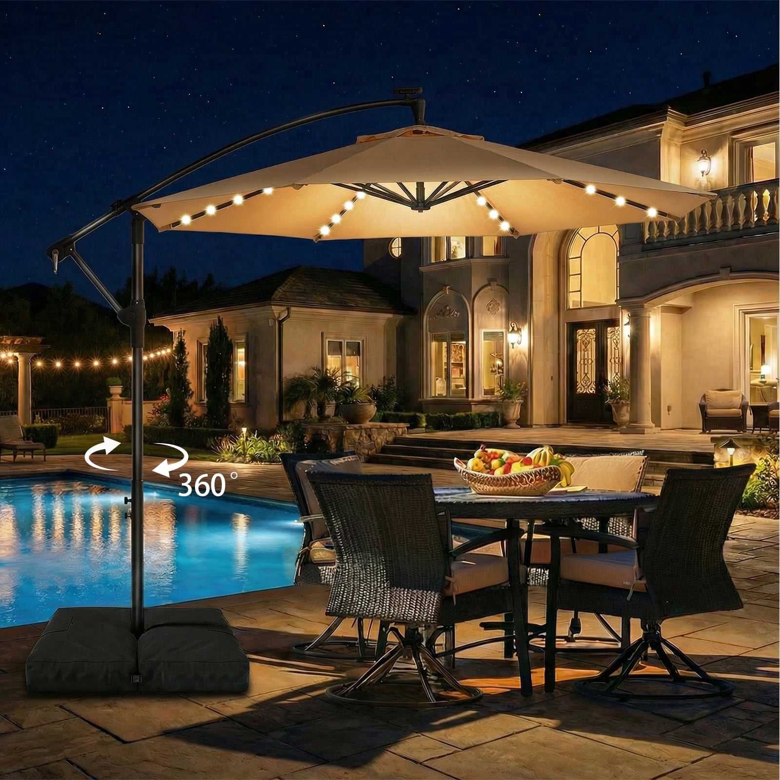 TASKBAY 10ft Cantilever Hanging Outdoor Umbrella (Includes Base), 360-Degree Rotation with 32 Solar LED Lights Patio Umbrella for Backyard, Deck, Poolside and Garden, Beige